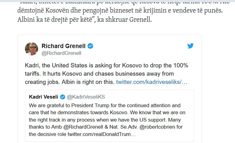 Grenell: Kadri, SHBA kërkojnë që Kosova të heqë tarifat 100%, Albini ka të drejtë